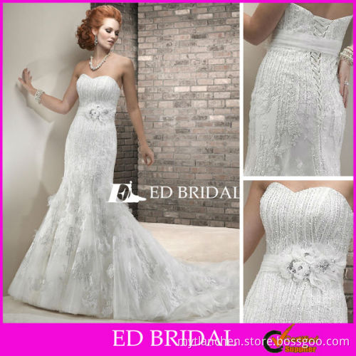 Stunning Trumpet Mermaid Sweetheart Lace Fit and Flare Wedding Dress with Beaded Belt